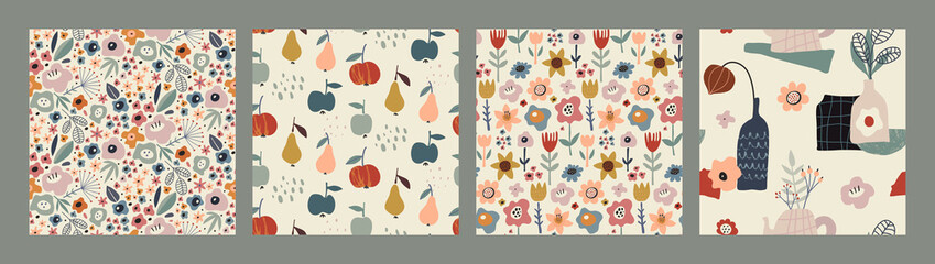 Materiał do szycia Set of vector colorful natural seamless patterns with flowers, fall leaves and fruits, pear and apple.