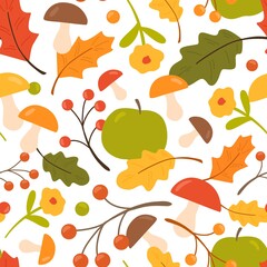 Colorful seamless pattern with oak leaves, mushrooms, apples, berries. Endless natural background with autumn foliage and flowers. Repeatable fall backdrop. Flat vector cartoon illustration