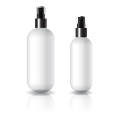 2 sizes of white oval round cosmetic bottle with black spray head for beauty or healthy product.