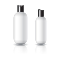 2 sizes of white oval round cosmetic bottle with black push on cap for beauty or healthy product.