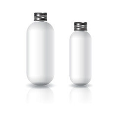2 sizes of white oval round cosmetic bottle with black screw lid for beauty or healthy product.