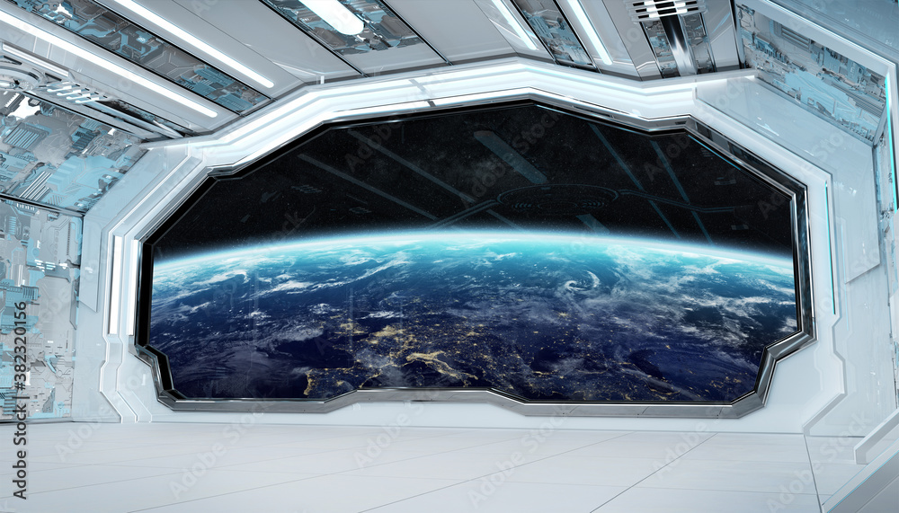 Sticker white blue spaceship futuristic interior with window view on planet earth 3d rendering