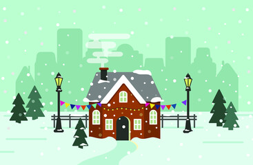 Christmas illustration with gingerbread house, smoke, trees, snowflakes, garlands, lanterns in mint colors