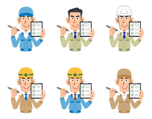 チェックシートを持つ作業着の男性のセット
