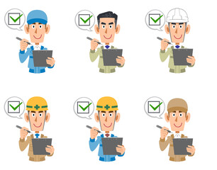 チェックシートに記入する作業着の男性のセット
