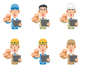 書類を手に指を指す作業着の男性のセット
