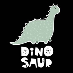cartoon dinosaur, hand drawing lettering on a neutral background. colorful vector illustration for kids, flat style. baby design for cards, print, posters, logo, cover