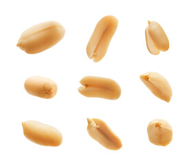 Set of peeled peanuts isolated on white background