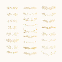Set of golden floral dividers. Hand drawn borders and laurels. Golden design elements.