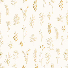 Fancy botanical pattern. Summer ornate motif. Gold vector illustration.