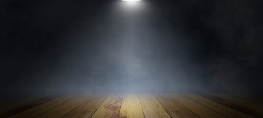Empty wooden plank floor with smoke float up on dark background, used as a studio background wall...