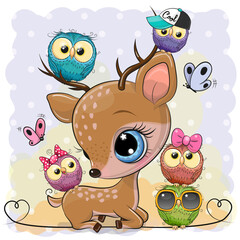 Cartoon Deer and owls on a blue background