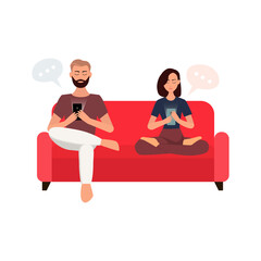 Man and woman with mobile phone read messages. Flat style. Vector illustration