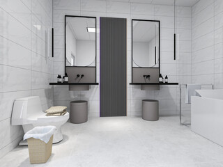 The bright and clean bathroom has bathtub, washstand and so on