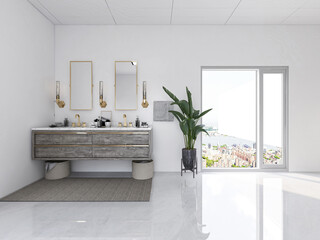 The bright and clean bathroom has bathtub, washstand and so on
