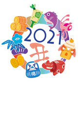 年賀状　2021年　丑年　赤べこ　縁起物