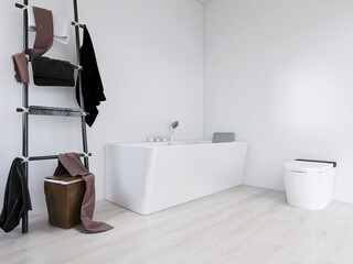 The bright and clean bathroom has bathtub, washstand and so on