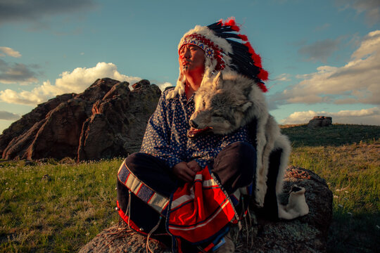 Native American man at sunset outdoor