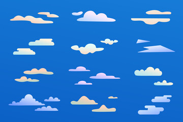 Set of Beautiful clouds on a blue background. Design elements, different styles, airspace. Clouds with a slight gradient.