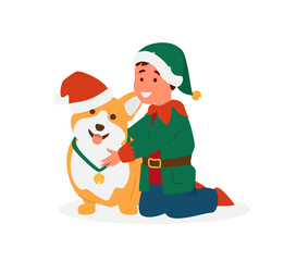 Cute Boy In Elf Costume Hugging Corgi In Santa Hat. Flat Vector Illustration. Isolated On White.