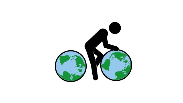 bike in the form of the earth. man rides a bicycle. 4K video illustration.