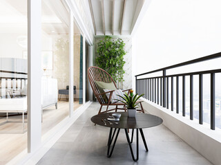 There are leisure chairs and tables on the spacious and bright balcony, and the sunshine is very comfortable