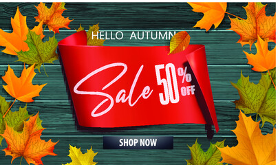 Greetings and gifts for the autumn and autumn season concept. Autumn background, poster and banner template with colorful autumn leaves.