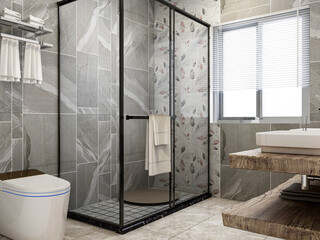 Clean and tidy bathroom, there are washing table, toilet, bathtub and other equipment