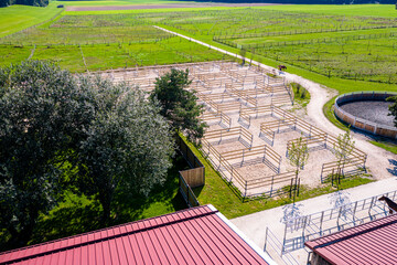 Outdoor boxes paddocks for horses on a farm. Wood fences. Aerial Drone Photo