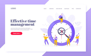 Effective work time management business concept flat style design vector illustration. Tiny people with megaphone and big clock working together. Time management or deadline web, template.