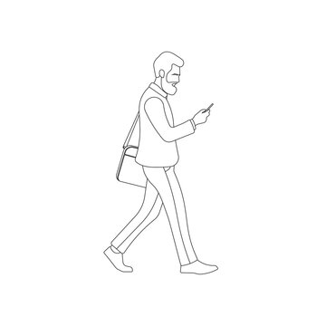 recommend clip art: Busy male worker walking and looking at smartphone line art. Man staring and holding phone. College student. Corporate guy outline. Businessman concept. Social media business vector illustration.
