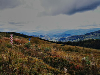Bieszczady Poland. State border between Poland and Ukraine. Border posts. A view of the Ukrainian Bieszczady Mountains.