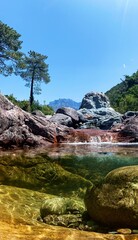 mountain river with two sided shot (underwater / above water)