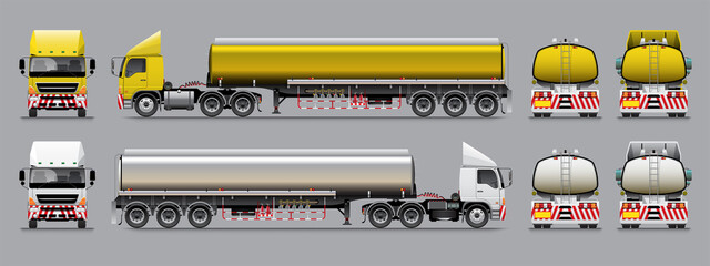 VECTOR EPS10 - semi-trailer tanker truck template 3 axle tractor unit, 3 axle trailer, 22 wheel yellow and white color tone, isolate on grey background. © Thanit