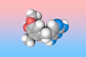 Molecular model of trimethoprim. Atoms are represented as spheres with color coding: carbon (grey), oxygen (red), nitrogen (blue), hydrogen (white). Scientific background. 3d illustration