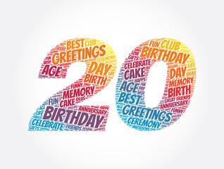 Happy 20th birthday word cloud, holiday concept background