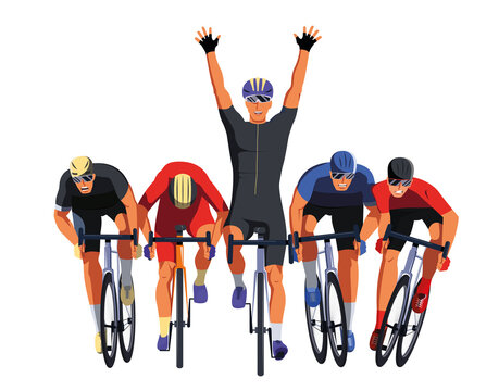 Men S Bicycle Race. Cyclists At The Finish Line Are Fighting For The Victory. Final Sprint Front View. Athletes On Bikes Are Finishing The Race And Pushing Each Other With Elbows. Vector Flat Design