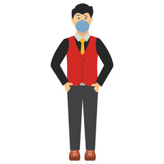Young businessman wearing coronavirus prevention face mask Vector Illustration Design, New normal life Business People on white background, Boss is Standing Sign 