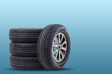 winter tyre cover on Lights on blue and snow background