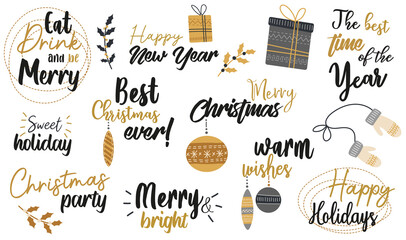 Merry christmas new year. Vector set typography emblems gold and black