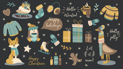 Set of modern hand drawn christmas animals and other isolated elements. Vector illustration.
