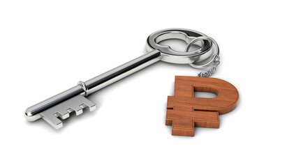 Metal key with wooden Russian Ruble shaped keychain isolated on white background. Tick mark concept. 3d illustration.