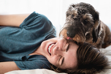 Happy woman with her senior dog - Daschund pet licks a girls face - Focus on lady’s face