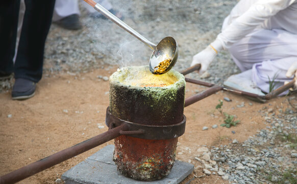 Gold Pouring Ceremony In Buddhism Relagion For Making Buddha Sculpture