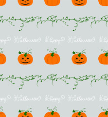 Abstract Hand Drawing Pumpkins Leaves and Happy Halloween Text Writing Seamless Vector Pattern Isolated Background