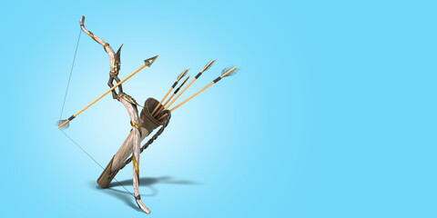 gold bow and arrow attributes of the dussehra holiday 3d render blue gradient