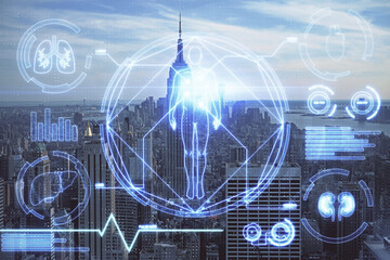 Double exposure of education theme drawing and cityscape background.