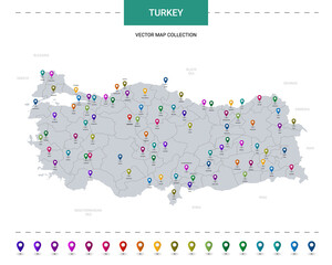 Turkey map with location pointer marks. Infographic vector template, isolated on white background.
