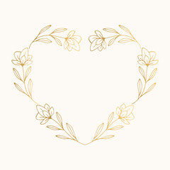 Floral heart wreath. Golden nature frame. Elegant borders. Vector isolated illustration.