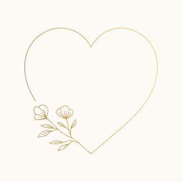 Golden heart frame with elegant flowers. Vector wedding illustration.
